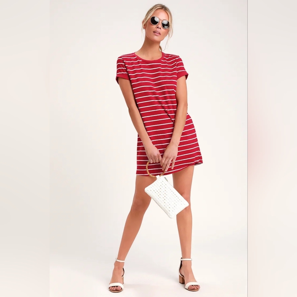 LULUS Cafe Society Red & White Striped Shirt Dress Round Neck Short Slvs MED NWT